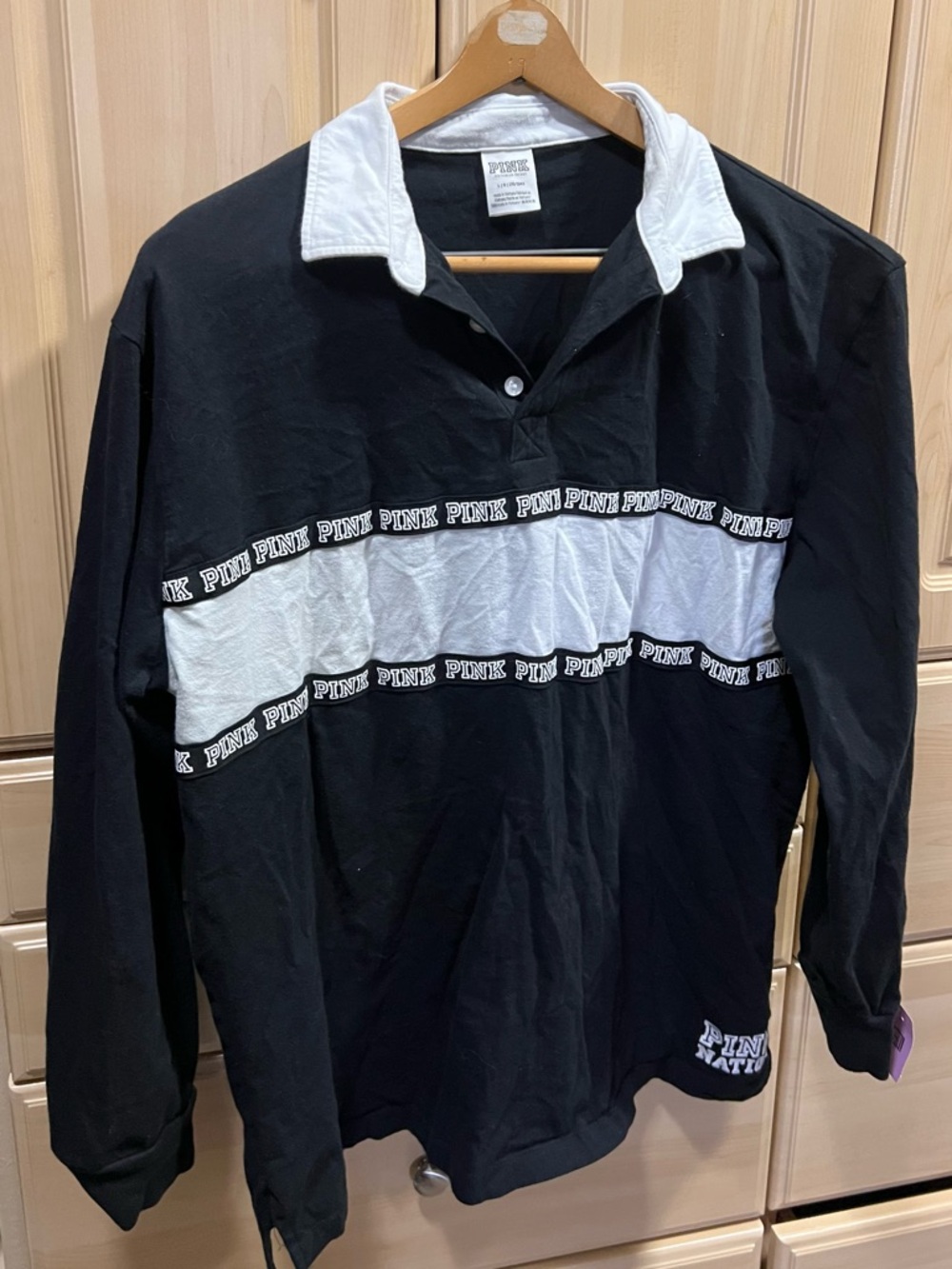 PINK Victoria's Secret Black & White Rugby-Style Long Sleeve Shirt